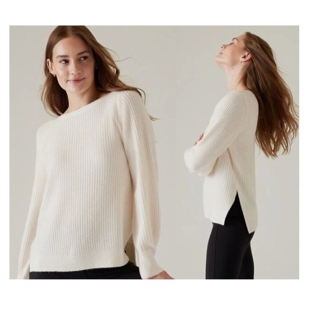 ATHLETA Layover Sweater Merino Wool Blend Ribbed Ivory Magnolia White Sz Small